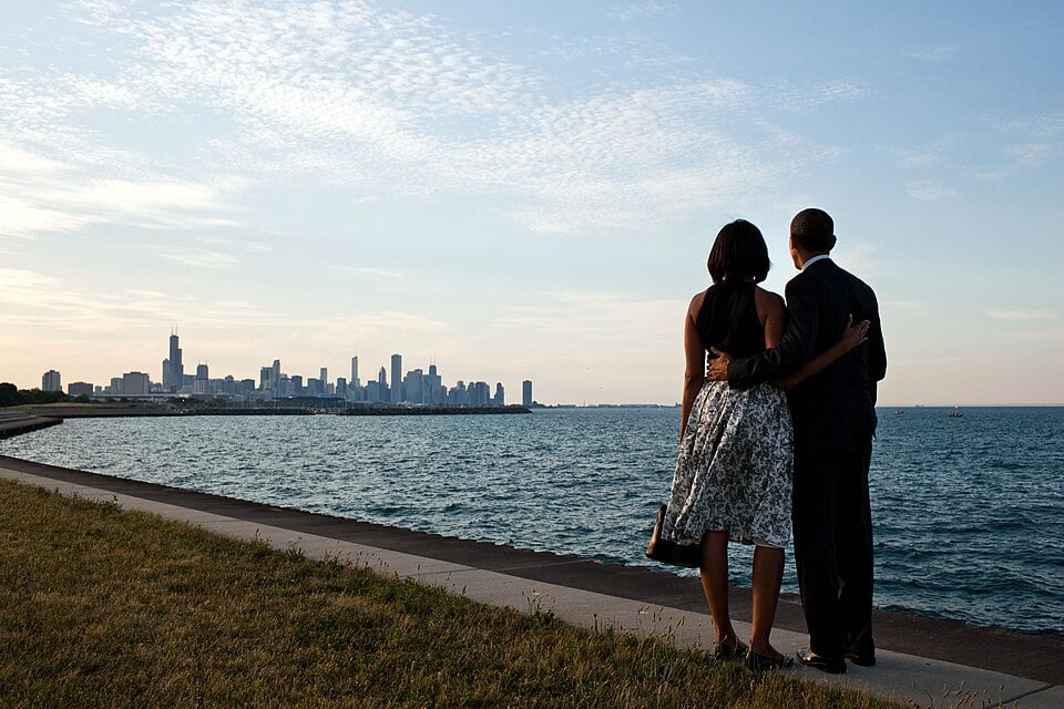 Barack and Michelle Obama looking at Chicago skyline
